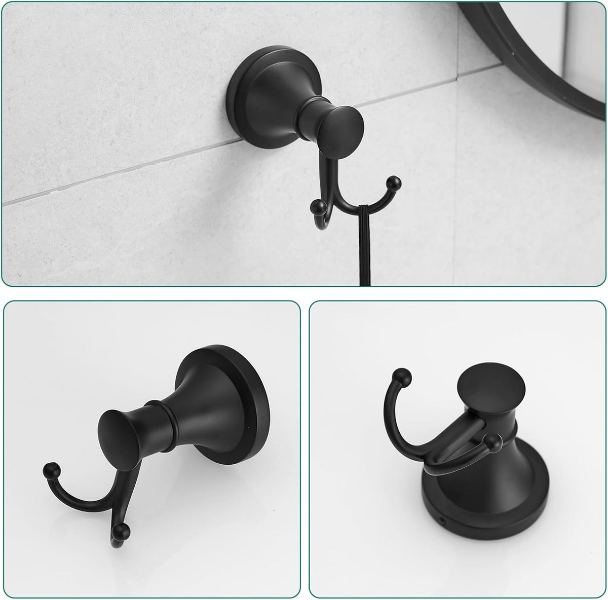 Hoimpro Matte Black 4-Piece Bathroom Bath Set, Wall Mount Bathroom Hardware Fixture (Adjustable Towel Bar Rack, Towel Ring Holder, Paper Towel Holder, Double Towel Hook), Bathroom Accessories