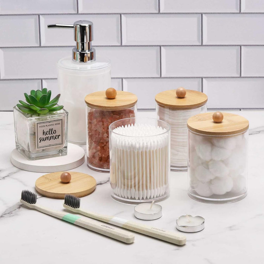 Tbestmax 4 Pack Qtip Holder Dispenser Cotton Ball, Cotton Swab, Floss - 12oz, 10 oz Clear Plastic Apothecary Jars for Bathroom Organizer and Storage Containers (Bamboo Lids)