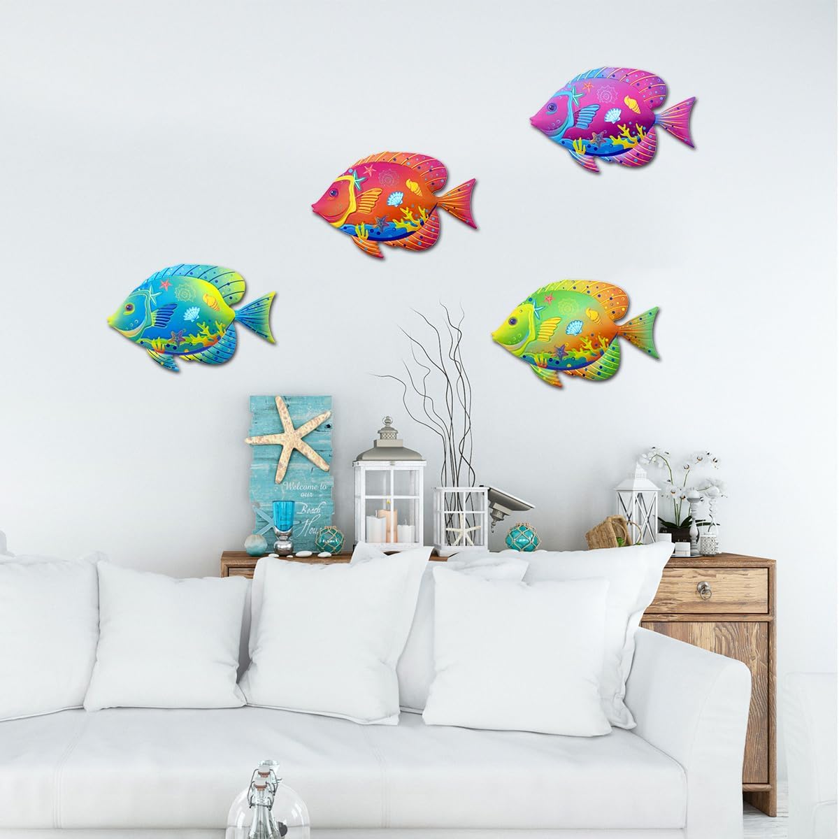 Oraytteo Metal Fish for Pool Decor, 4 Pack Fishes Wall Art Hanging Decorations for Barthroom Fence Patio Beach Home Decor, Indoor or Outdoor Decor