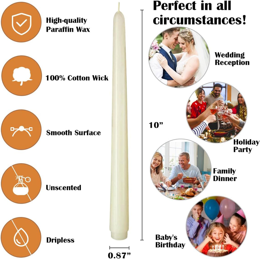 Set of 5 Ivory Taper Candles, Unscented 10 Inch Tall Skinny Wax Solid Colored Candlesticks for Home Wedding Party Dinner Table Decor, 8 Hour Burn Time