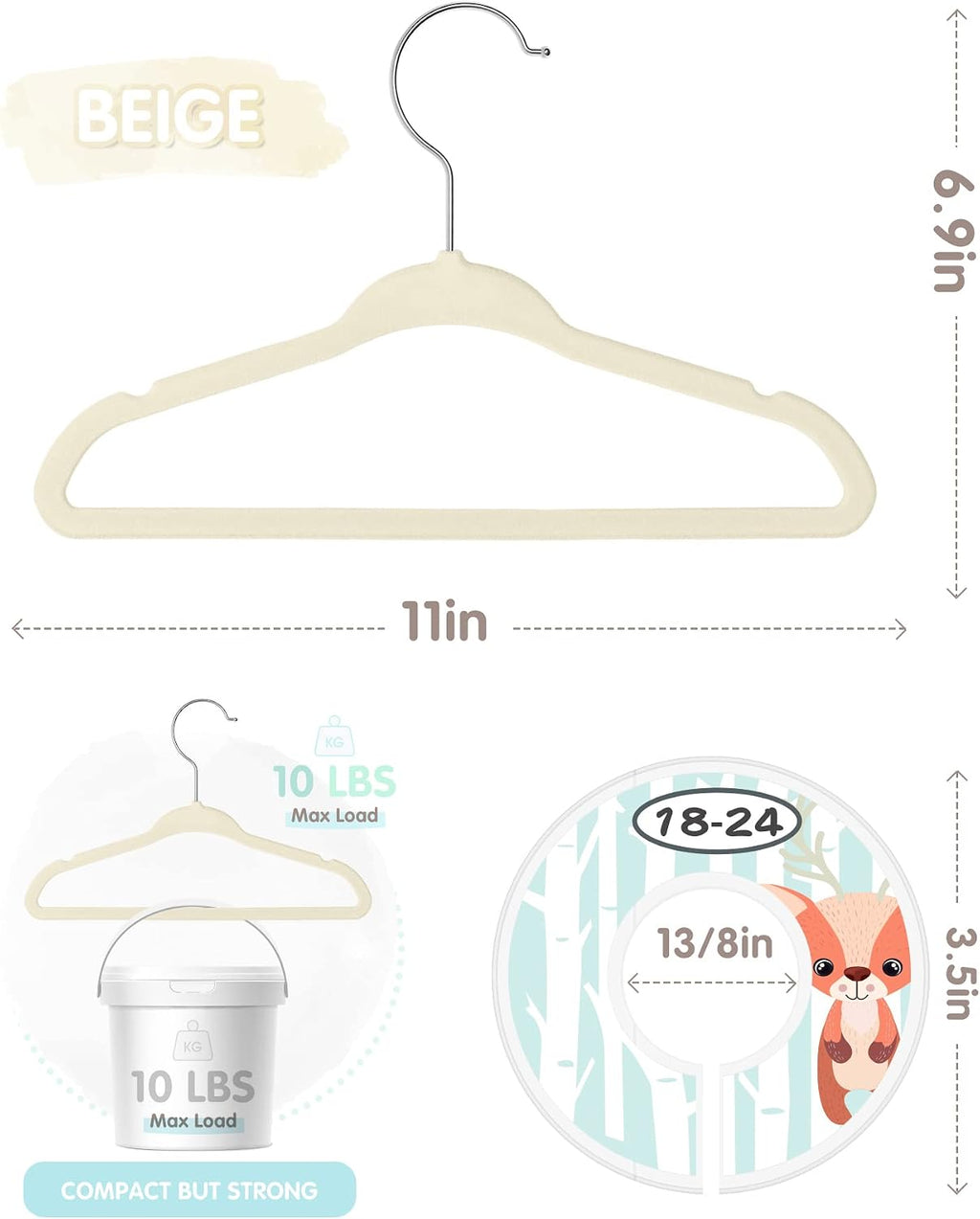 VIS'V Velvet Baby Hangers with 6 Pcs Size Dividers, 11 Inch, Beige, 50 Pcs