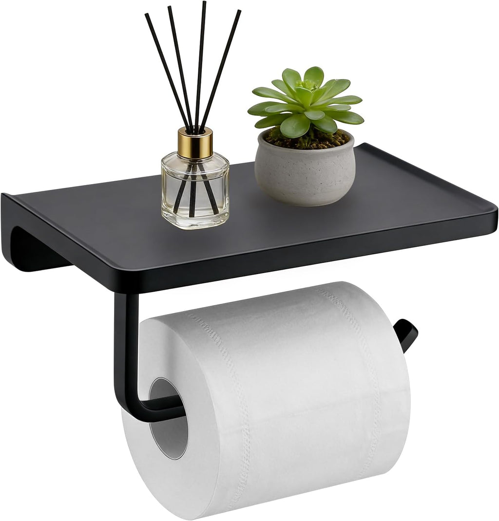 TRUSTMI Toilet Paper Holder with Shelf & Phone Stand, Matte Black