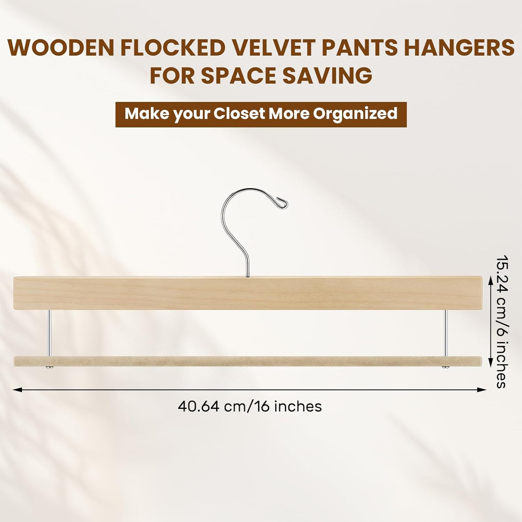Chunful 10 Pack Wooden Velvet Pants Hangers,Beige