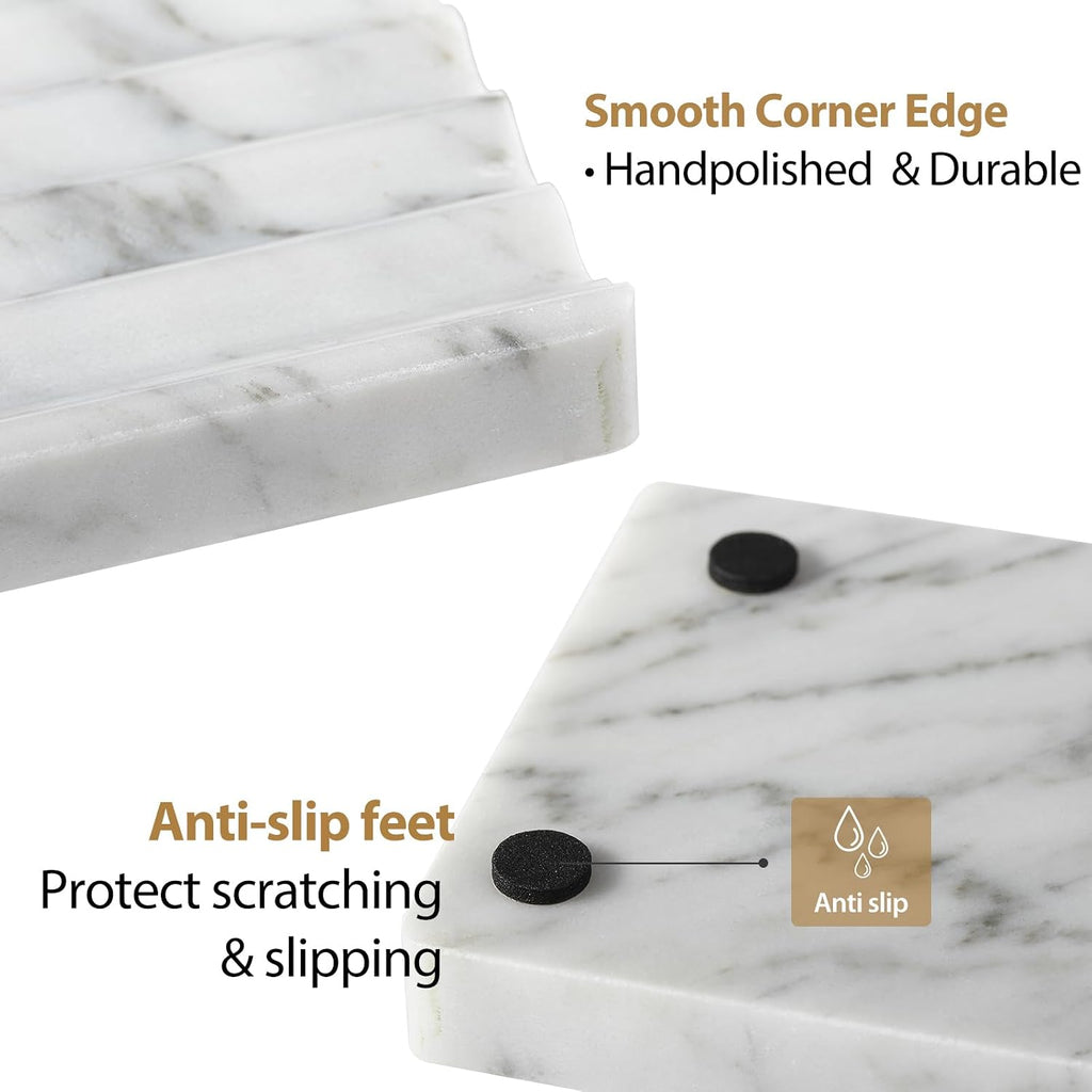 2PCS Koville Italian Natural Marble Soap Dish for Shower, Stone Soap Tray for Bathroom, Bar Soap Holder for Sink, Stripe Grooves Saver Keep Bars Dry Easy Clean (Bianco Carrara)
