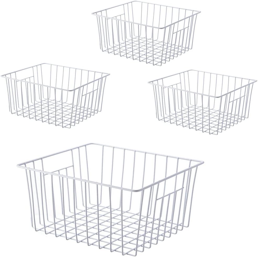Upright Freezer Organizer Bins， Freezer Baskets for 14, 15 cu.ft Standup Freezer, Wire Storage Baskets with Built-in Handles for Frozen Foods, Snacks, Vegetables, Fruits and More, 4Pcs , White