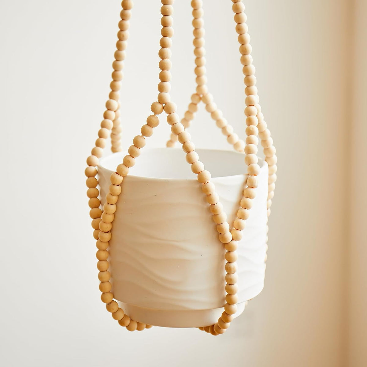 Boho Wood Bead Macrame Plant Hangers, 2Pack Handmade Beaded Hanging Planter Holders for Indoor with 4 Hooks, Fits 4–8 Inch Pots, Hanging Basket for Living Room Bedroom Patio Balcony Home Decor