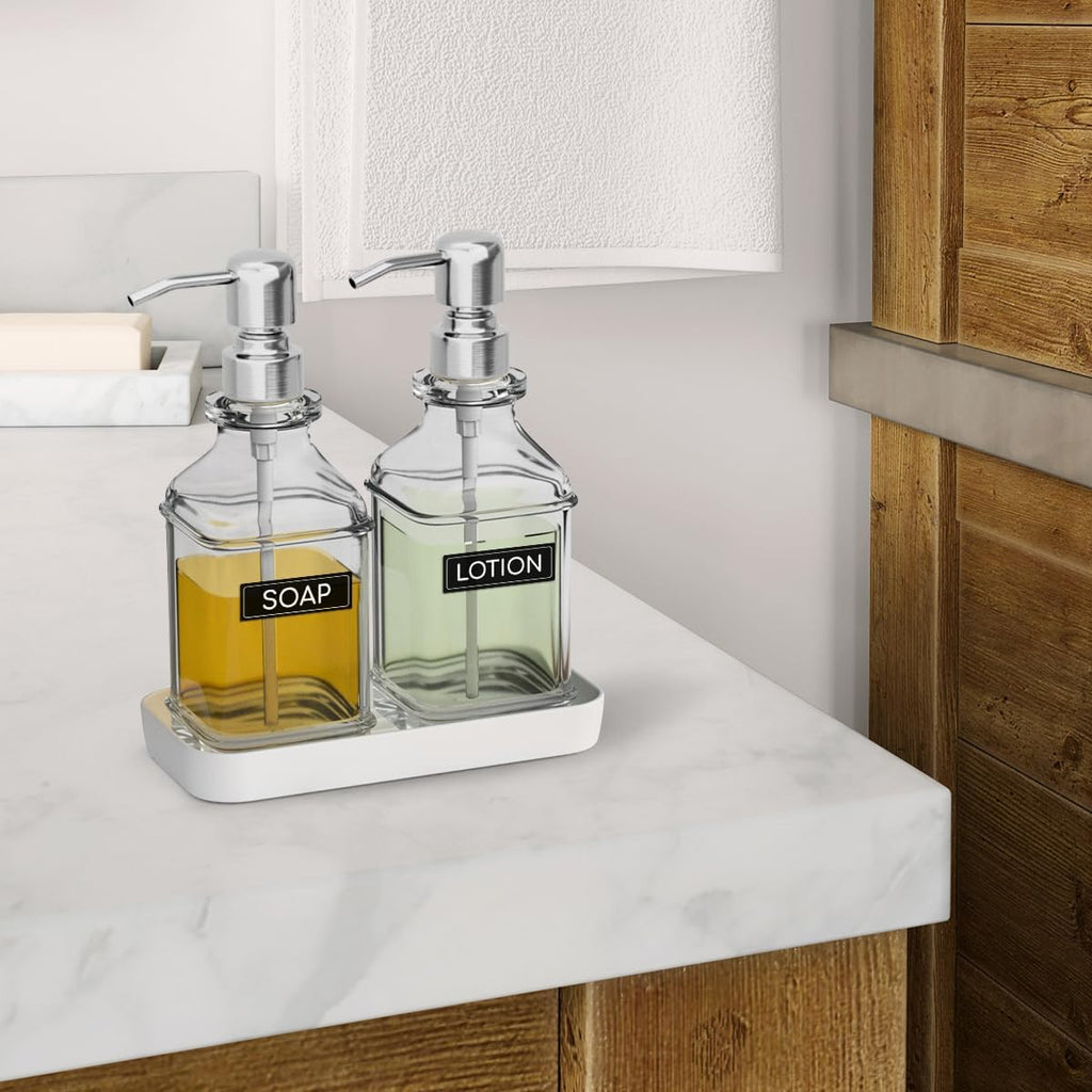 LMQML Soap Dispenser - 2 Pack, Antique Design Thick Glass Hand Soap Dispensers with Sturdy Tray; 304 Rust Proof Stainless Steel Silver Pump, 12Pcs Stickers, for Kitchen, Bathroom