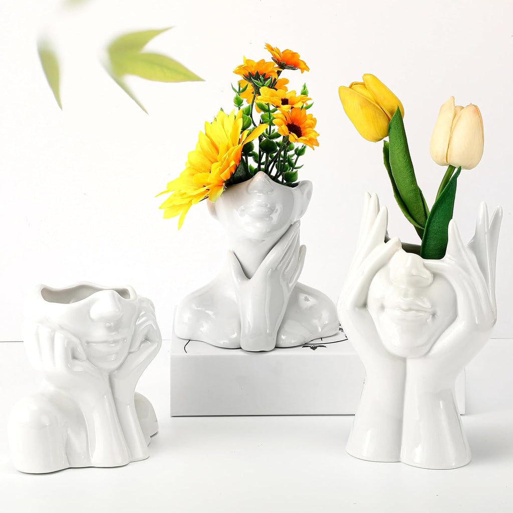 Sieral 3 Pcs Ceramic Face Vase Female Form Body Flower Vase, Large, White