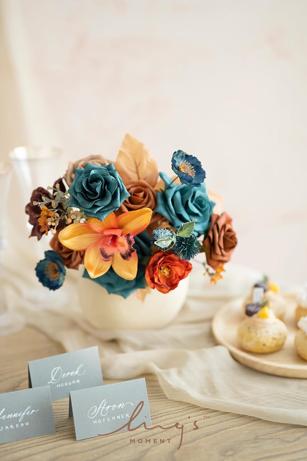 Ling's moment Fake Flowers Box, Teal & Burnt Orange, Mini Combo