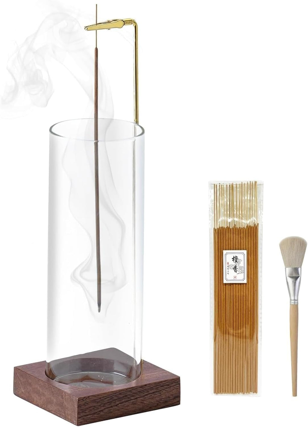 Ceremony Incense Holder, Wooden Incense Burner with Glass Ash Catcher (Transparent Round, One Glass)