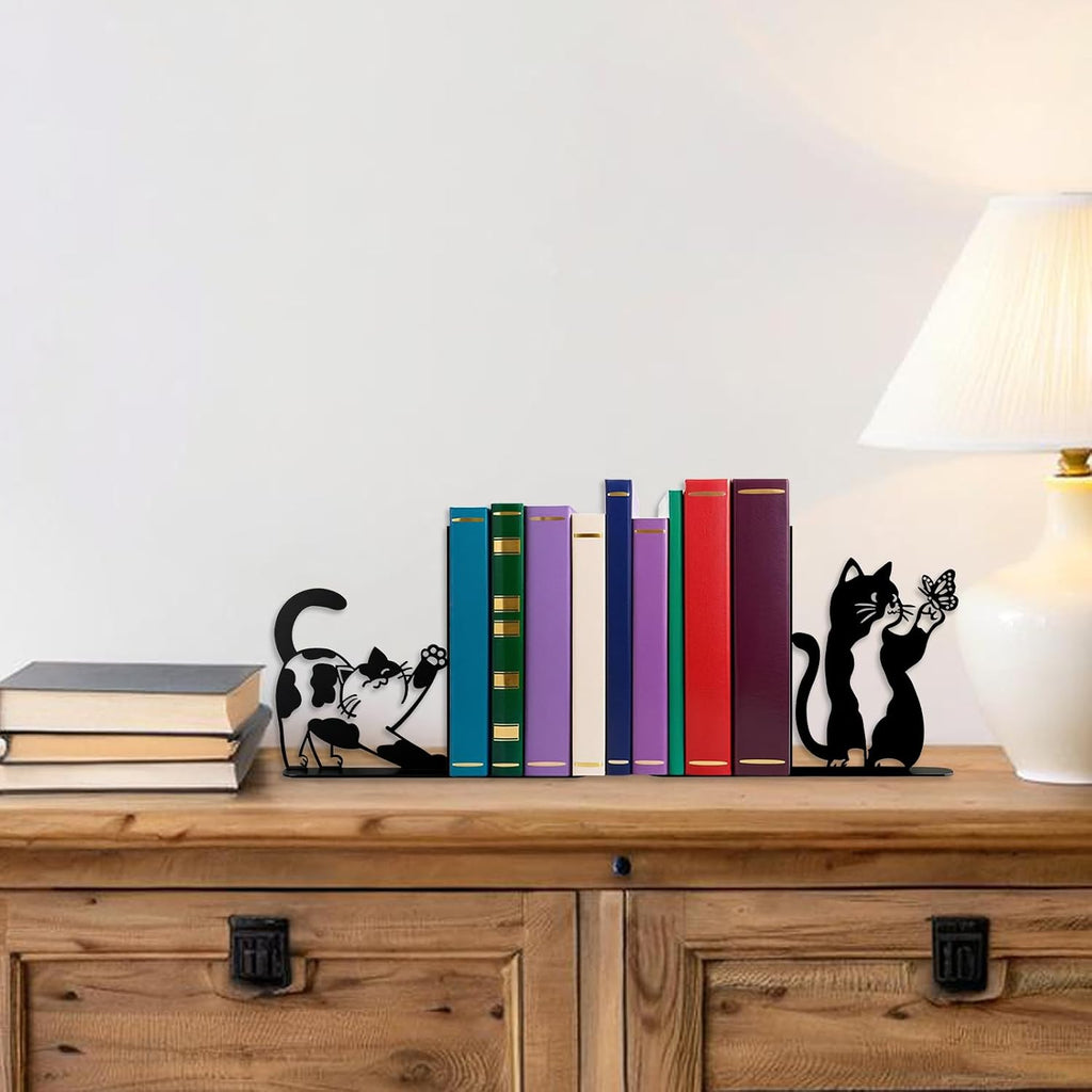 Cute Cat Bookends Metal Black Cat Book Ends for Shelves Bookshelf Decorative Accessories Home Office Desk Bookshelf Decor Cat Lover Gifts for Women