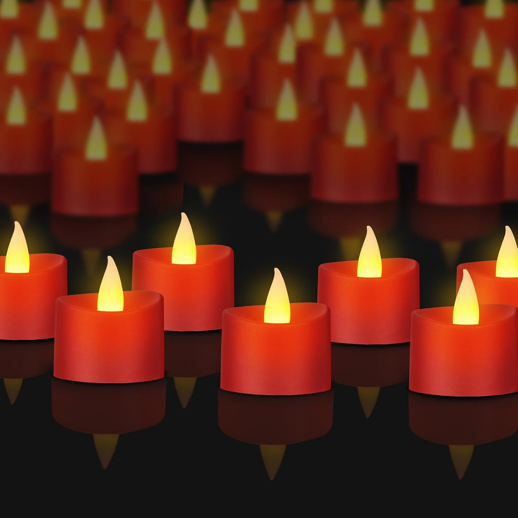 Realistic Flameless LED Tea Lights - Battery-Powered Dancing Flame Candles for Weddings, Halloween, Votives | Safe Child-Resistant, Flickering Ambiance Decor (Red Base, 100 Pack)