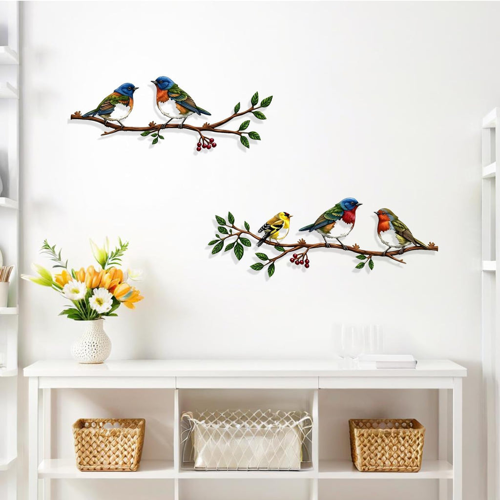 Harikikochuu 2 Pcs Metal Birds Wall Art Decor Robin Bird on the Branch Silhouette Art Metal Decorative Birds Hanging Wall Sculpture for Outdoor Balcony Garden Porch Décor (Colorful B)