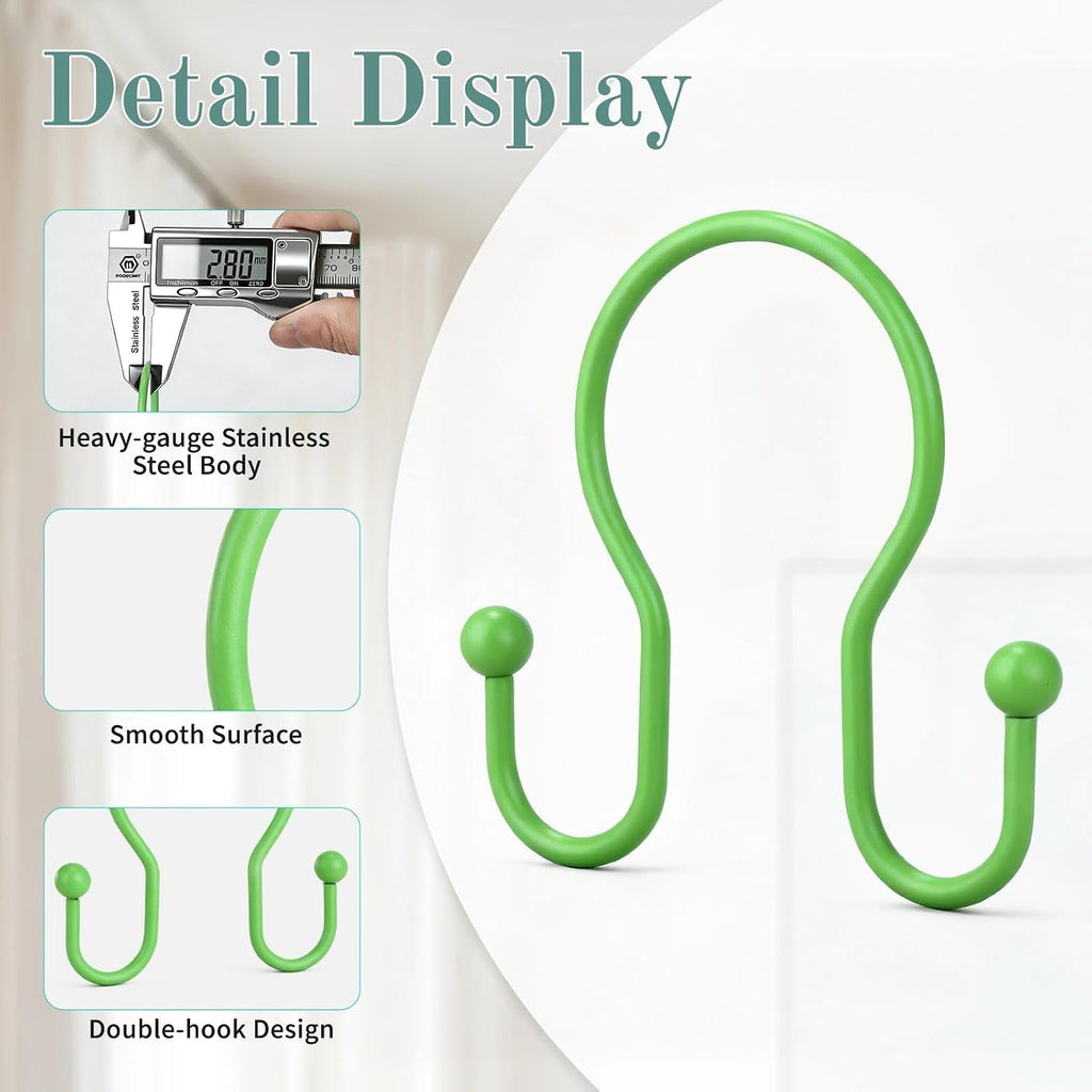 Goowin Shower Curtain Hooks, 12 Pcs Shower Curtain Rings, Stainless Steel Shower Curtain Hangers, Metal Shower Curtain Hooks Rings Rust Proof, Minimalist Shower Hooks for Shower Curtain, Green