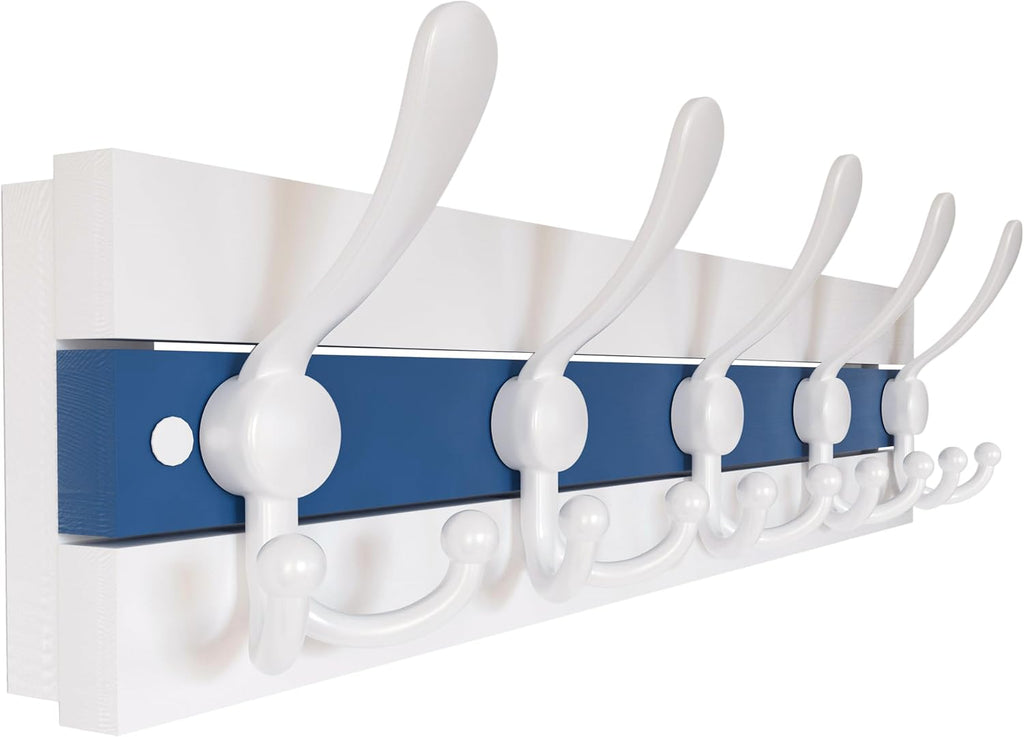 SKOLOO Coastal Wall Mounted Coat Rack - 16-7/8" Beach House Entryway Wooden Coat Hook with 5 Hooks for Hanging Coats, Hats or Towels, Oceanfront Cottage Core Collection, White & Blue