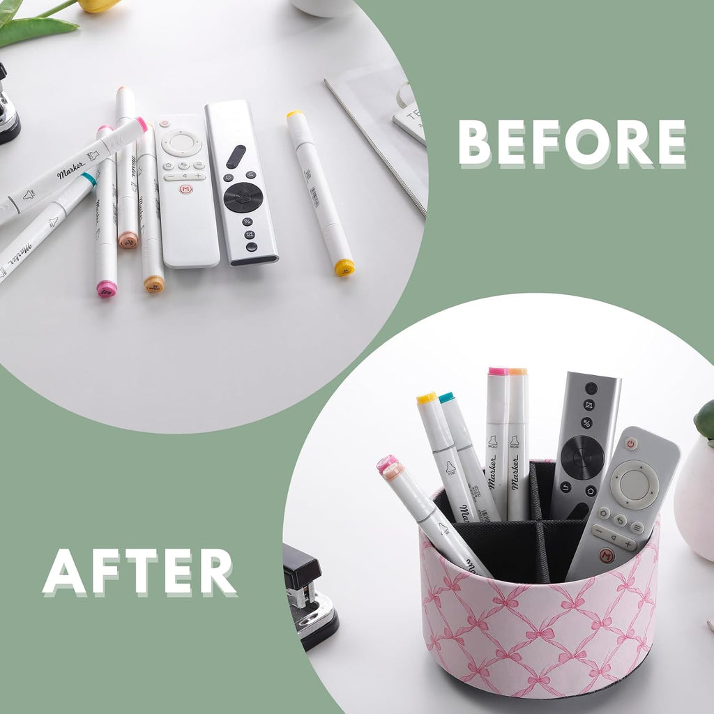 Cute Rotating Table Remote Control Holder, 360 Spinning PU Leather Remote Organizer and Makeup Brush Holder, Aesthetic Room Decor Storage Caddy for Nightstand, Pink Bow PH131