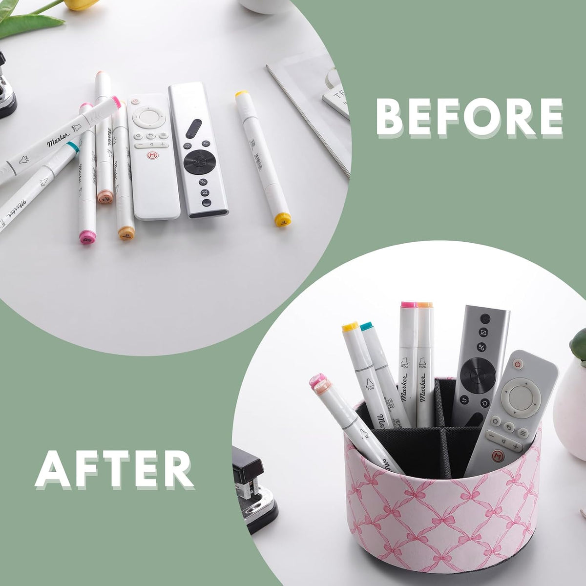 Cute Rotating Table Remote Control Holder, 360 Spinning PU Leather Remote Organizer and Makeup Brush Holder, Aesthetic Room Decor Storage Caddy for Nightstand, Pink Bow PH131