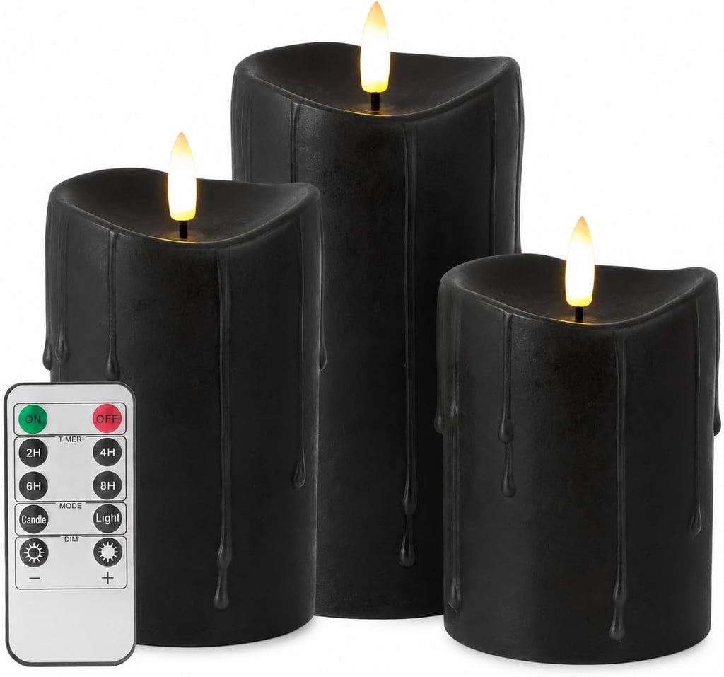 Halloween Black Dripping Wax Flameless Pillar Candles with Remote, Set of 3
