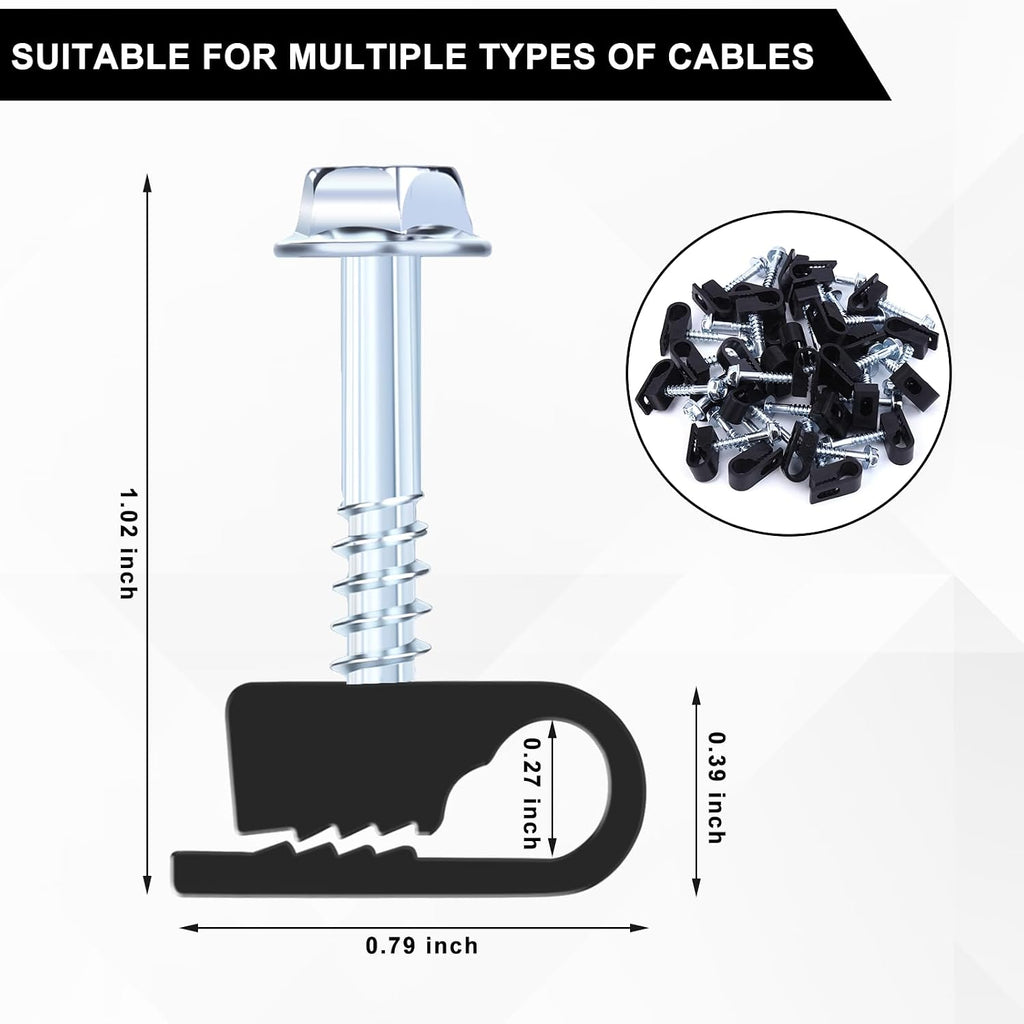 Cable Clips with Screws Fastener 1/4 Inch (6 mm) - All Weather Wire Clips for Coaxial, Ethernet,Electrical Cables,Brick/Stucco Siding Clips, UV-Resistant for Outdoor Wall Mount, 30 Pack,Black
