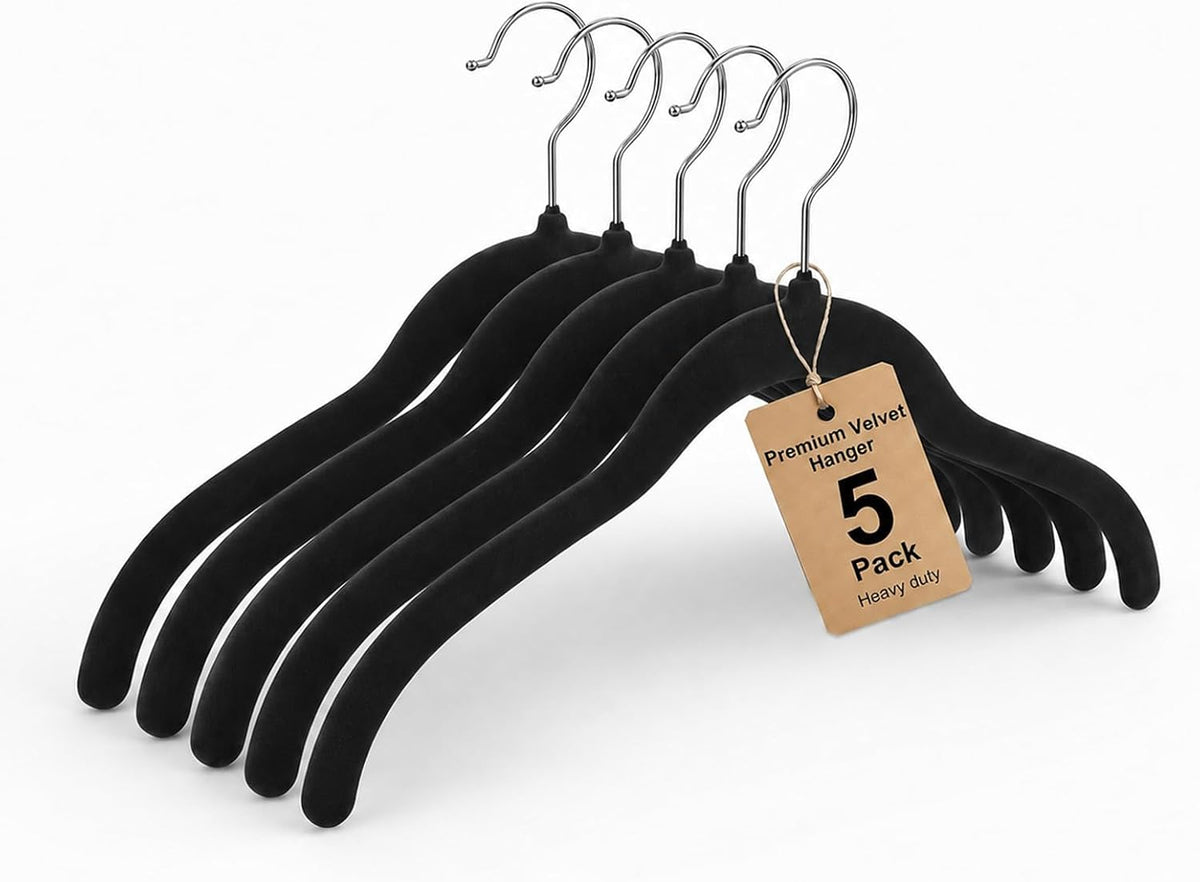 Whitmor Spacemaker Velvet Clothes Hangers, Non-Slip Flocked Dress & Shirt Hangers with Contoured Shoulders, Slim Space Saving Closet Hangers with Chrome Hook, Black, 5 Pack