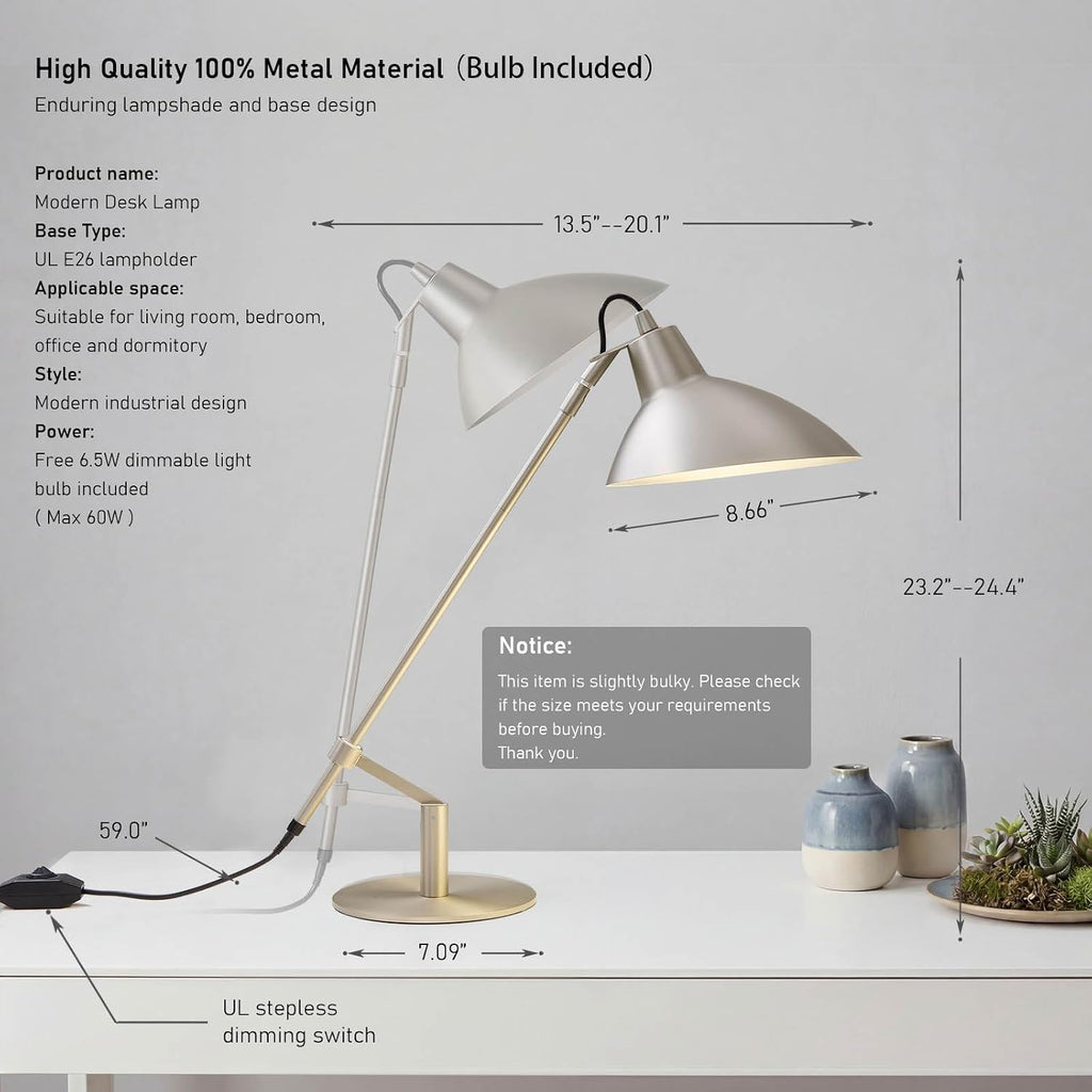 Desk Lamp Modern Industrial 100% Metal Adjustable Table Lamp 24", Natural Light (4000K) with Dimmer, Ideal for Office Bedroom Study Room Living Room Nightstand Bedside Lamps Nickel