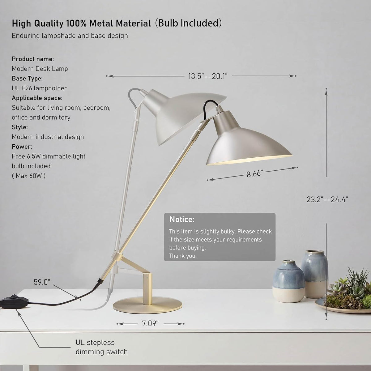 Desk Lamp Modern Industrial 100% Metal Adjustable Table Lamp 24", Natural Light (4000K) with Dimmer, Ideal for Office Bedroom Study Room Living Room Nightstand Bedside Lamps Nickel