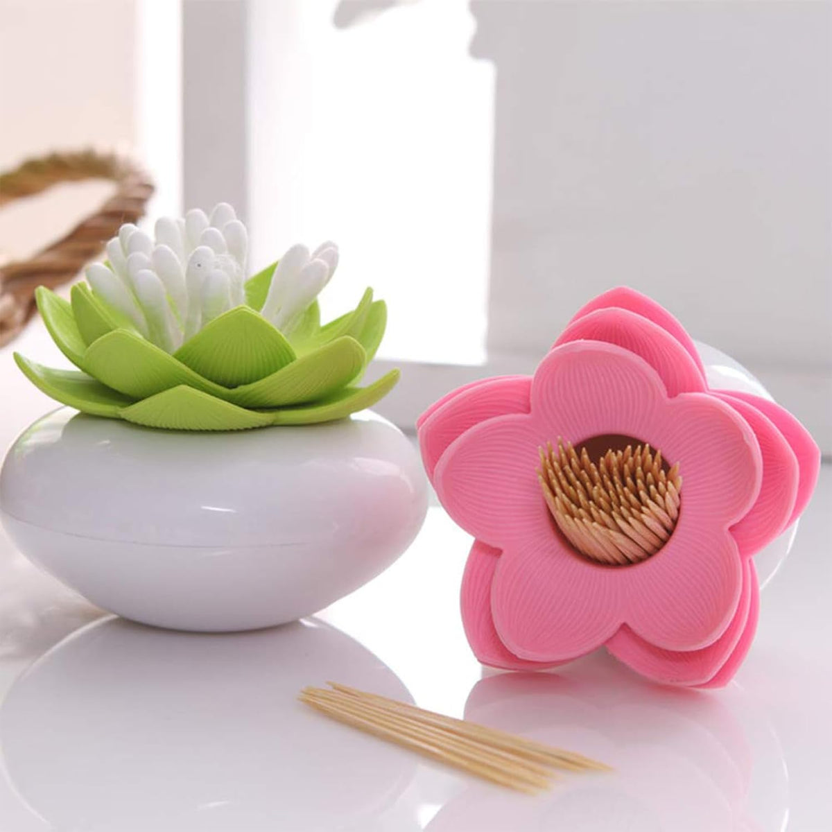 Bloss Lotus Cotton Swab Holder, Qtip Dispenser, Toothpicks Organizer-Pink