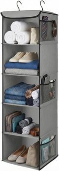 Flexzion 5-Shelf Fabric Hanging Closet Organizer, 11.9-Inch Wide, Brown
