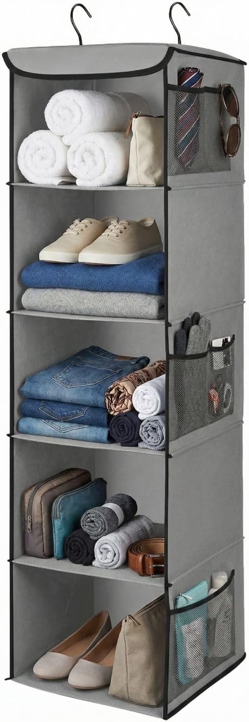 Flexzion 5-Shelf Fabric Hanging Closet Organizer, 11.9-Inch Wide, Brown