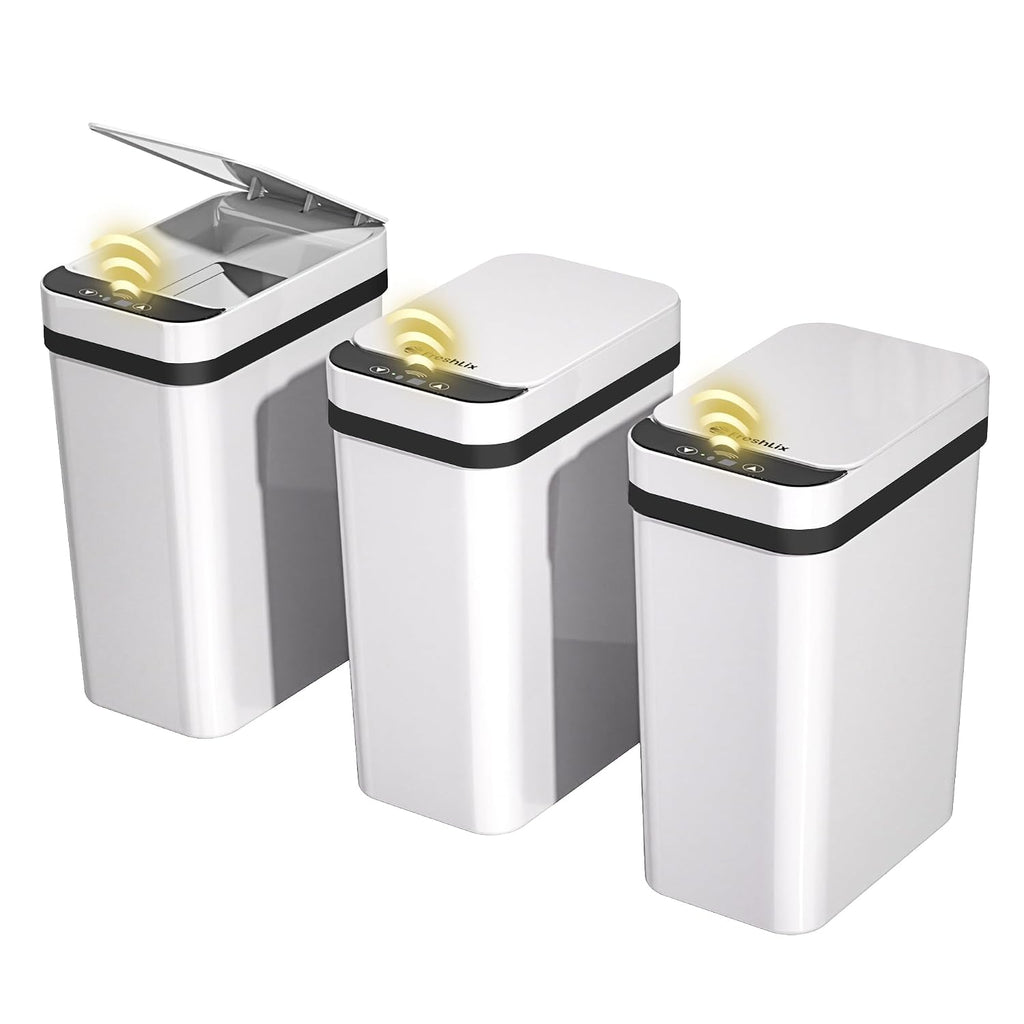 FRESHLIX 3 Pack Bathroom Trash Can 2.5 Gallon Small Touchless Automatic Motion Sensor Trash Cans Slim Waterproof Garbage Bin with Lid for Kitchen, Office, Bedroom White