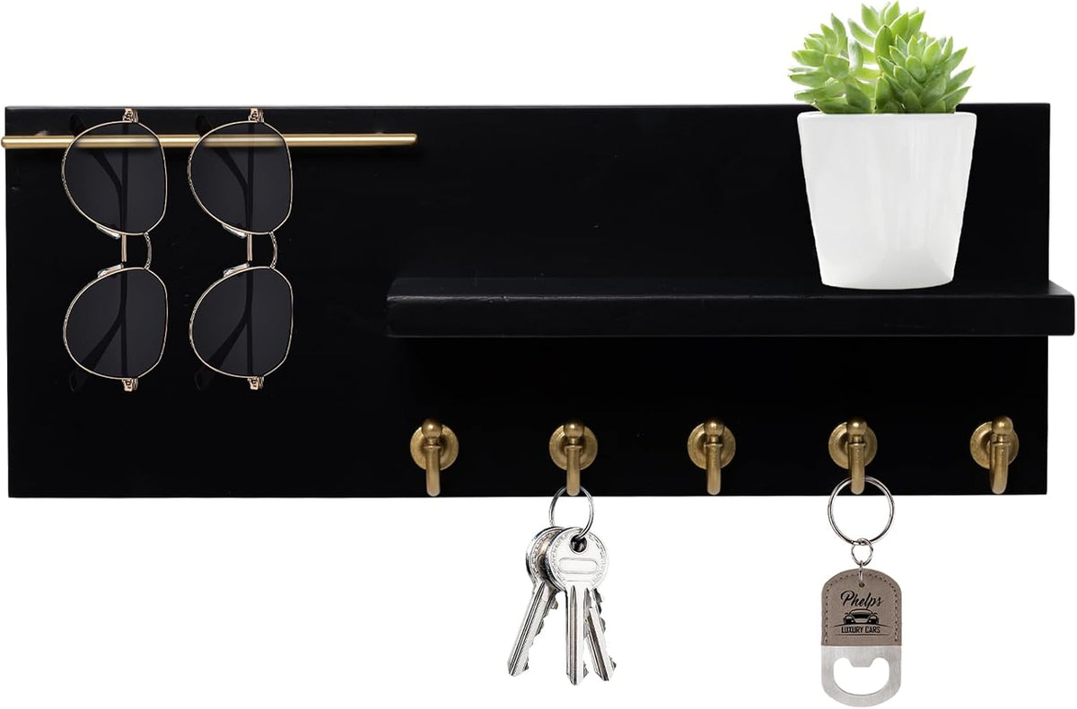 SANY DAYO HOME Real Wood Key Holder Rack Wall Mount 16 x 6 inches Black Entryway Shelf with 5 Gold Hooks, Metal Sunglass Bar, and Floating Board for Keychain, Purse
