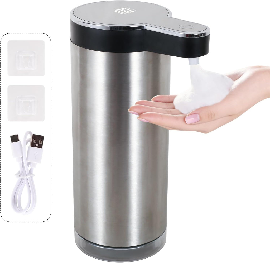 Automatic Foaming Soap Dispenser, Wall Mounted/Countertop Touchless 304 Stainless Steel Hand Soap Dispenser, Type-C Rechargeable LED Display, 4 Levels, IPX5 Waterproof, 12oz Kitchen/Bathroom, Black