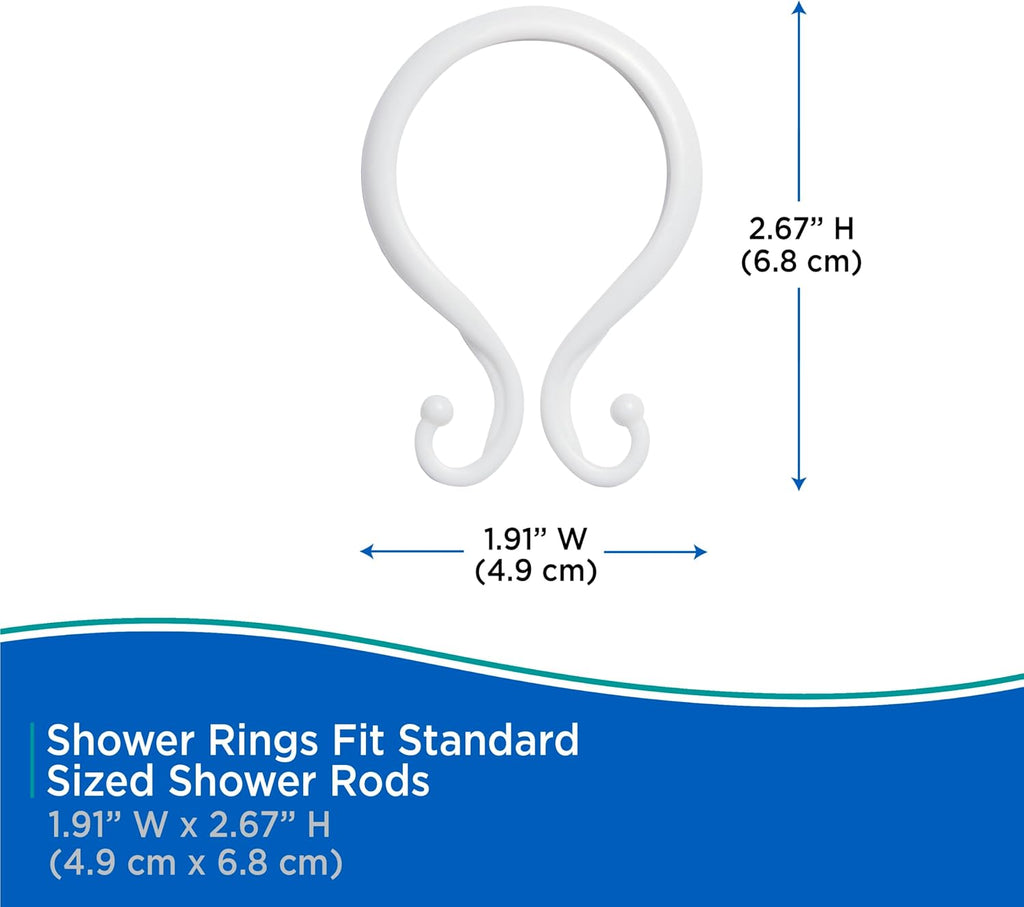 Kenney - Shower Curtain Rings, Rust-Proof Plastic Double Hooks with Smooth Glide Design, Fits Standard Shower Curtain Rods, Easy Installation, White, 12 Pack