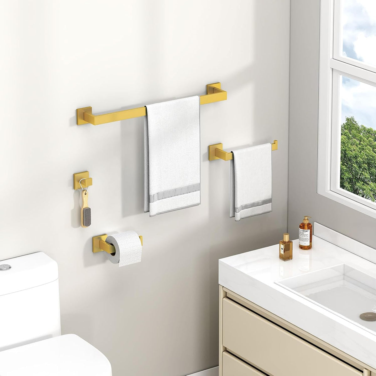 Angle Simple Bathroom Hardware Set, Bath Accessory Kit Brushed Dark Gold