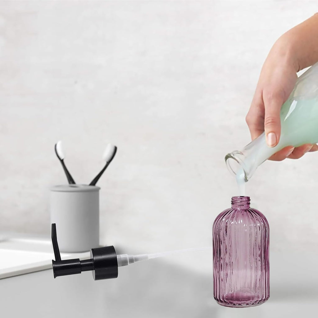 Black Pump Glass Soap Dispenser, 13.5oz, Purple Stripe