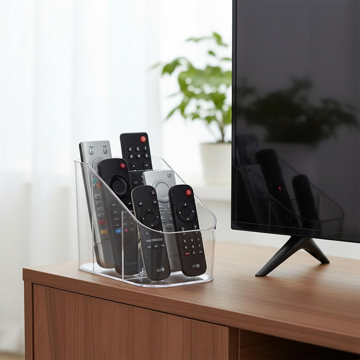 Remote Control Holder, Clear Plastic TV Remote Caddy for Desk and Nightstand Storage, Space-Saving Desk Organizer with See-Through Design for Living Room and Office Desk Accessories, 3 Compartments