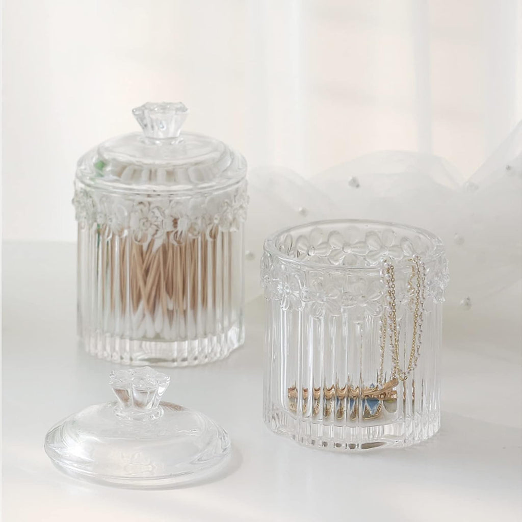 rejomiik 2 Pack Qtip Holder Glass Apothecary Jars with Lids, Clear