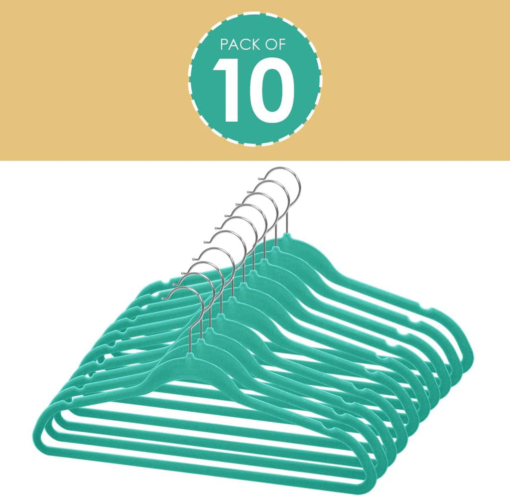 Home Basics Sunbeam Slip-Proof Snag-Free Ultra Slim Velvet Hanger with Rotating Steel Hook (Pack of 10) (TURQUOISE)