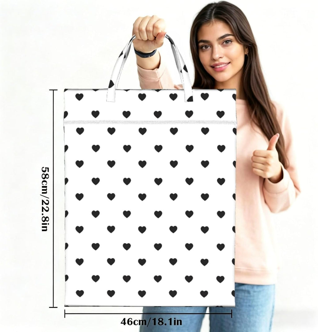 "black and white heart polka dot 2-Pack Travel Laundry Bags for Dirty Clothes- Large Waterproof Laundry Tote, Wet & Dry Use, Reusable Foldable Carry Handles for Vacation, Gym & Dorm"