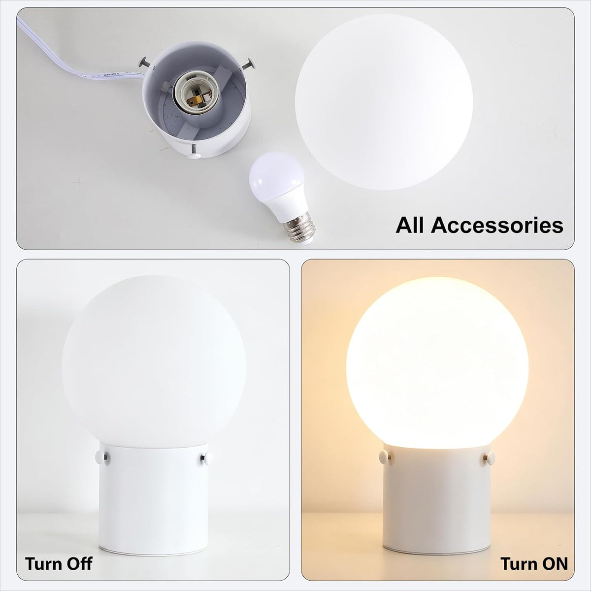 Somniferous Modern White Table Lamp with Frosted Glass Globe Shade, E26 Base, Includes 7W LED Bulb, Small Bedside Desk Lamp for Bedroom, Living Room, Nightstand, Office