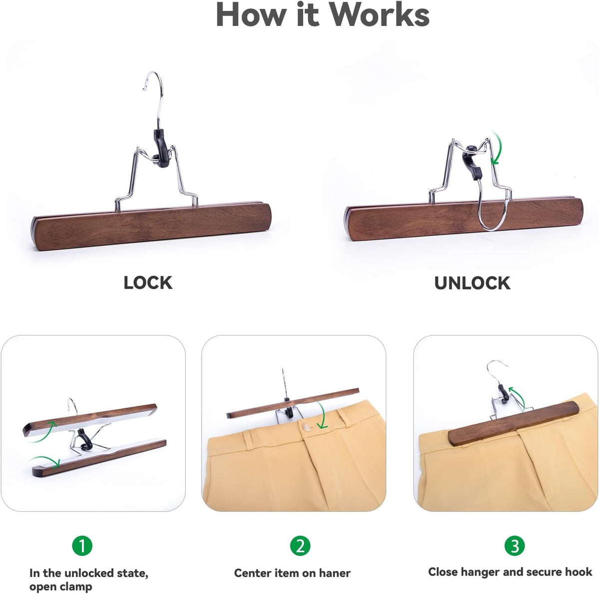 Nature Smile Wooden Pants Skirt Hangers, Smooth Finish Solid Wood Non Slip Jeans Slack Clamp Hangers Hair Extension Hangers (10 Pack Retro)…