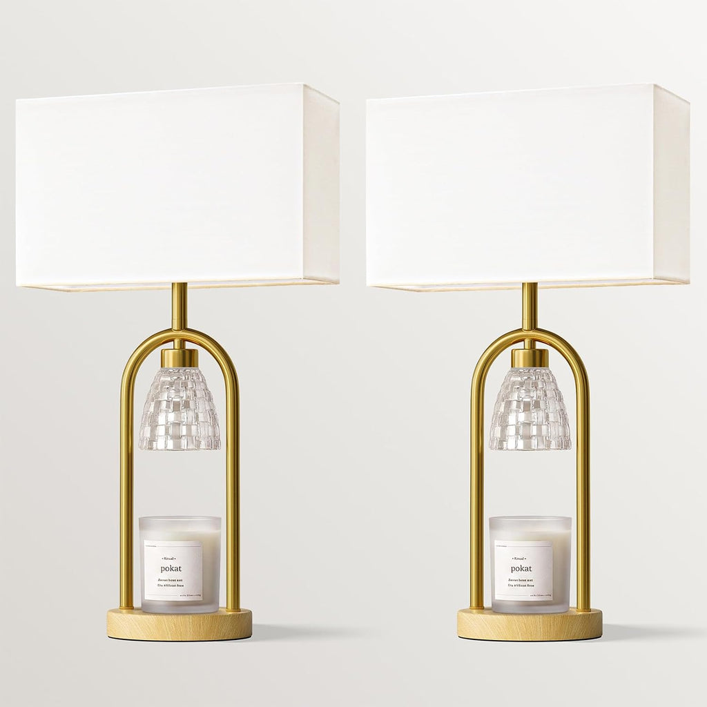 PoKat 22'' Gold Table Lamps Set of 2 with Candle Warmer for Bedroom, Metal