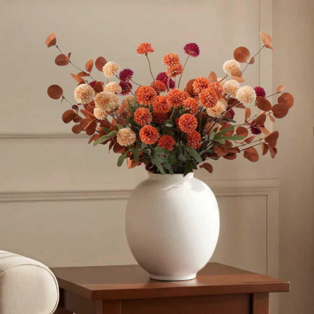 Real-Touch Faux Silk Mums Bouquet, 12 Pcs with 2 Eucalyptus Stems, Bendable Long Stems, Full & Realistic Artificial Flower Arrangement for Vase Table Wedding & Wreath Décor, Mixed Orange