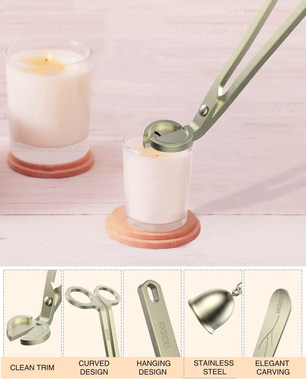 RONXS 3 in 1 Candle Wick Trimmer Set, Snuffer, Dipper, Cutter, Bronze