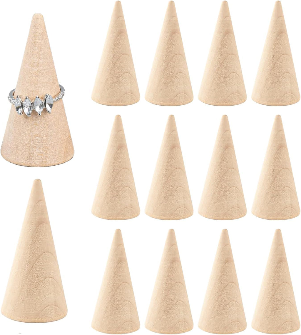Framendino, 20 Pack Wood Cone Ring Display Stand Holder, Natural Unfinished Jewelry Stands Organizer for Crafts DIY