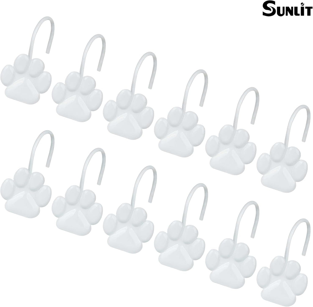 Sunlit Fashion Design Cute Paw Print Polished Shower Curtain Hooks for Dog Cat and Bear, Rust Proof Oil Rubbed Metal Shower Curtain Rings, White, 12 Pack