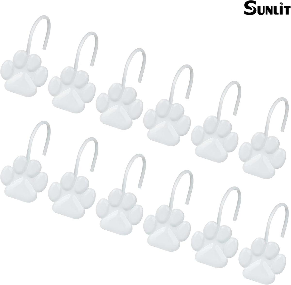 Sunlit Fashion Design Cute Paw Print Polished Shower Curtain Hooks for Dog Cat and Bear, Rust Proof Oil Rubbed Metal Shower Curtain Rings, White, 12 Pack