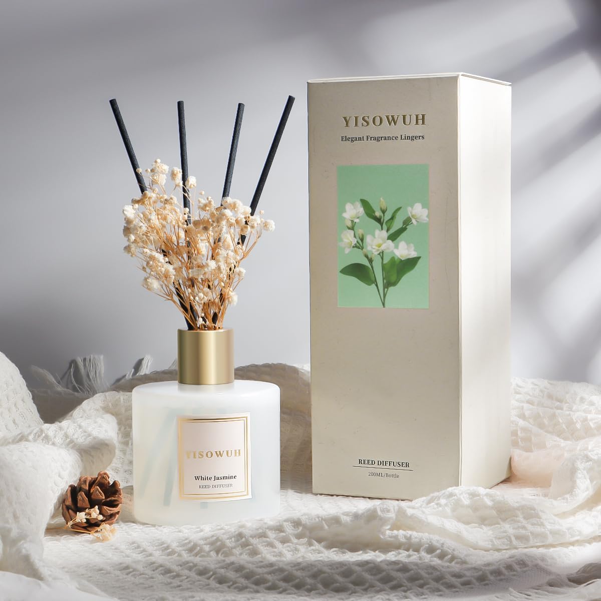 Diffusers for Home 6.76 fl oz（200ml）, YISOWUH White Jasmine Reed Diffuser Set Oil Diffusers with 8 Reed Sticks, Long Lasting Fragrance for Home Decor, Bathroom, Bedroom, Gifts
