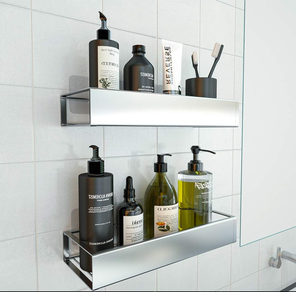 Bathroom Adhesive Shower Caddy Basket Shelf with Hooks, No Drilling Removable Bathroom Shelf Organizer,Stainless Steel Rustproof Shower Rack for Shampoo Storage, Sponge Holder-Silver