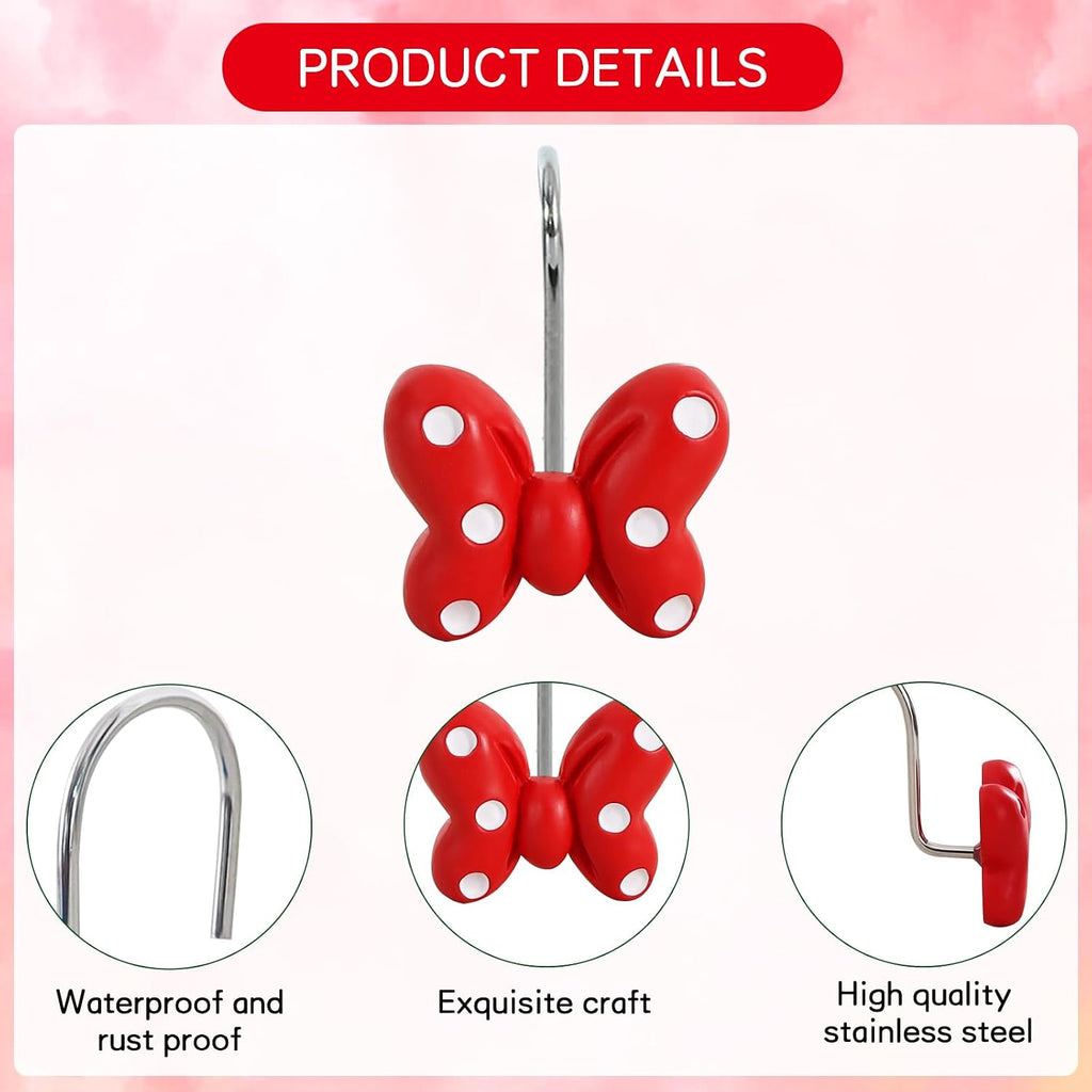 12-Piece Red Polka Dot Bow Bowknot Mouse Shower Curtain Hooks